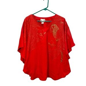 Vintage High Noon Hawaii Red Gold Accent Bird & Flowers Batwing Top Blouse Sz L